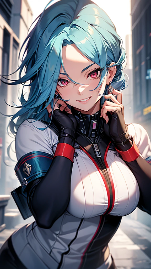 High resolution, One girl, chest, Blue Hair/Light blue hair, Cowboy Shot, Big chest, Red eyes, Big chest, Earrings, smile, smiling, 8k octane, High resolution, masterpiece, High detail, High-resolution model, high quality, Textured skin, Action Painting, Crystal Earrings, Smiling with teeth showing, One-eye eye mask,
