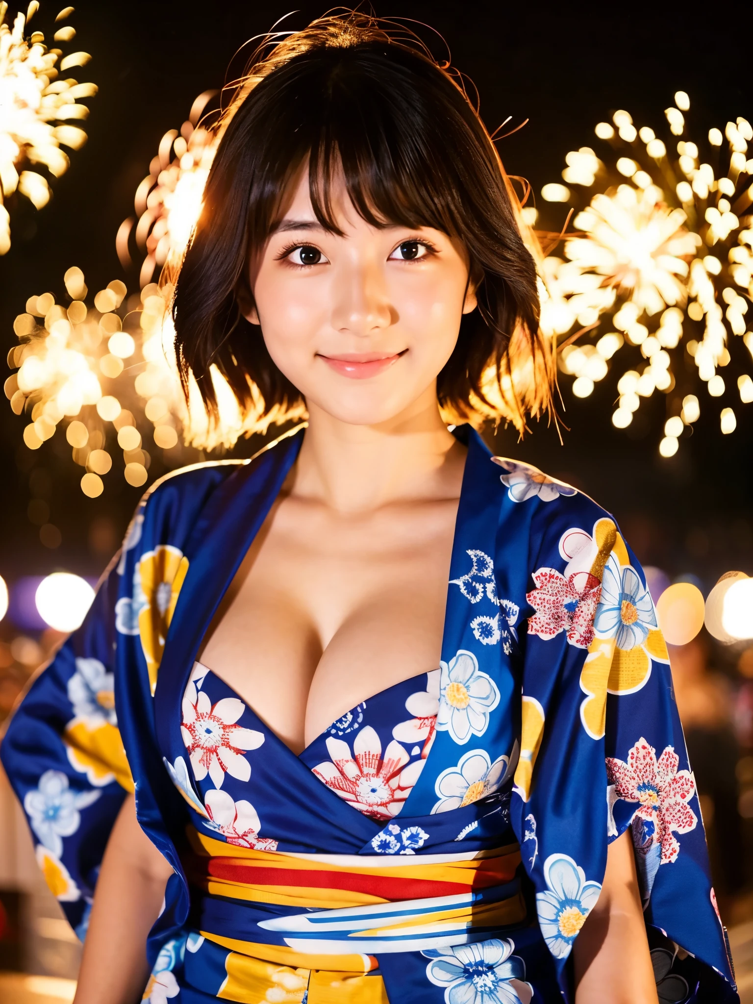 A very cute face like an idol、A young-looking 20-year-old woman wearing a Japanese yukata with three-quarter sleeves、Cleavage、night、Fireworks display、Natural light、Whole body、Artistic