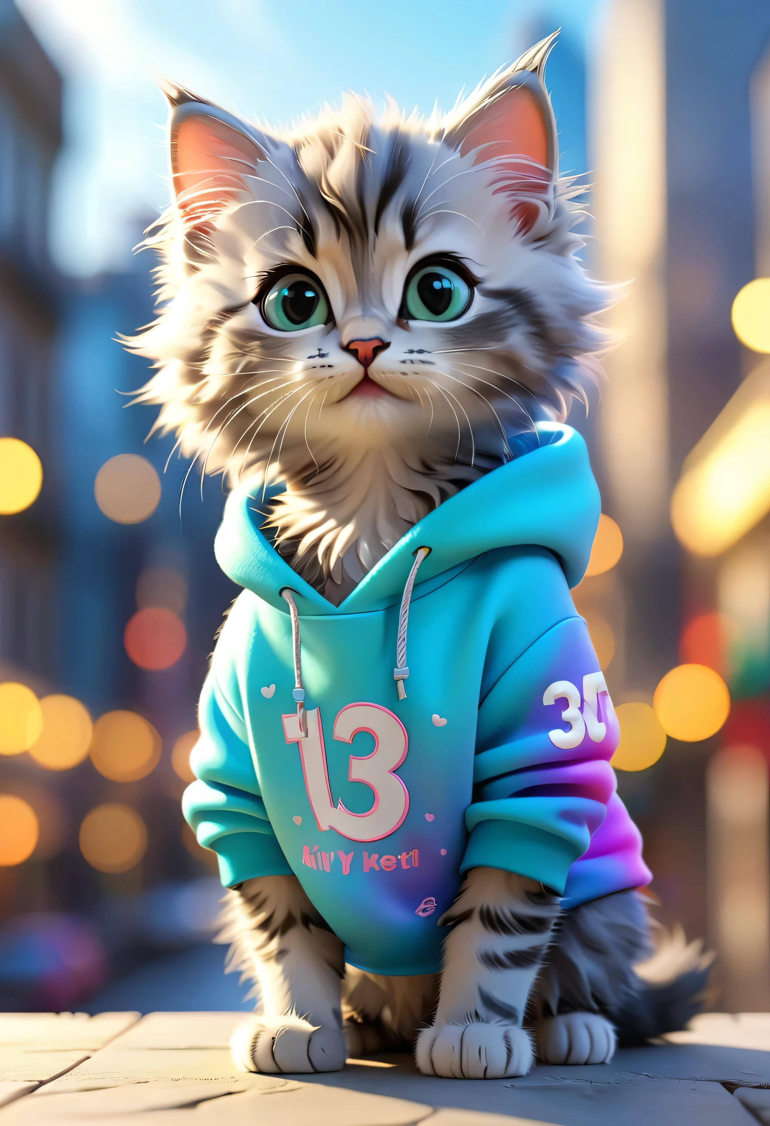 Cute kitten,Hairy,wear sweatshirt, blurred city background, Cute numbers, 3D Rendering, Bright light, Vibrant colors,