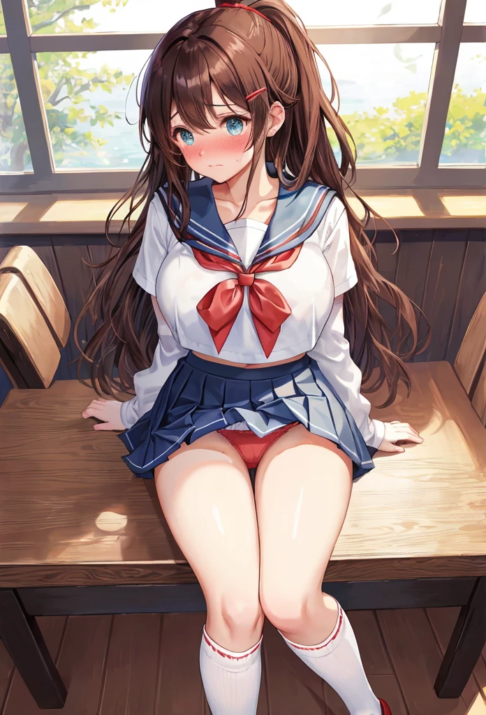 A beautiful girl sitting on a chair showing her panties, she lifts her skirt with her hands and showing them, (skirt lift:1.4), (presenting panties:1.8), red , ((Sailor suit tops, Sailor collar, White shirt, pleated mini skirt:1.3), (Knee-high socks:1.3):1.3), panties, (lace light blue panties:1.45), school classroom, Desk and chair in the background, big rounds breasts, (Beautiful and big breasts:1.3), dark brown hair, swept bangs, long hair, wavy hair, ponytail, expressive hair, shiny hair, hairclip, aqua eyes, (gradient eyes:1.3), glowing eyes, pupils sparkling, blush, bright pupils, glossy lips, embarrassed, (Very embarrassed look:1.5), slim waist, shapely legs, beautiful thighs, whole body, Angle from the front, from above, POV, anime CG style, high definition, natural light, high detail, anime, dithering, image fill, perspective, Wide-Angle, f/1.8, 85mm, Sony FE GM, 8k, 8k wallpaper, super detail, highly detailed CG, UHD, retina, masterpiece, accurate, anatomically correct, textured skin, highres, best quality:1.3, 16k