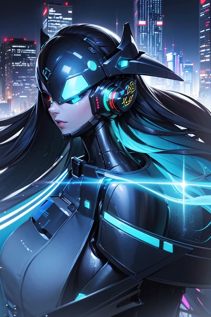 (best quality,high resolution:1.2), Extremely detailed, (Practical:1.3), Cyberpunk, Futuristic, portrait, Shiny latex costume, Network implant, Virtual Reality, Shiny Makeup, Metal body parts, Body makeover, Technological atmosphere, Cityscape background, Hovering Robotic Arm, Advanced technology, Electric blue color palette, Hyper-realistic lighting.