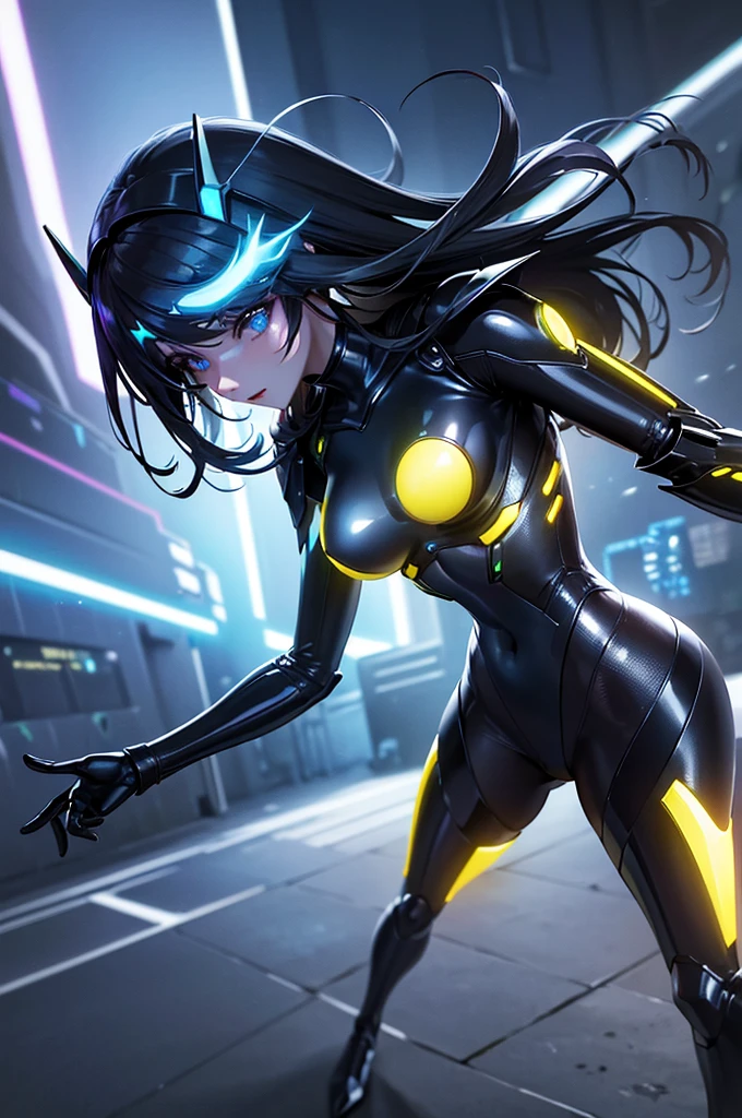 (best quality,high resolution:1.2), Extremely detailed, (Practical:1.3), Cyberpunk, Futuristic, portrait, Shiny latex costume, Network implant, Virtual Reality, Shiny Makeup, Metal body parts, Body makeover, Technological atmosphere, Cityscape background, Hovering Robotic Arm, Advanced technology, Electric blue color palette, Hyper-realistic lighting.