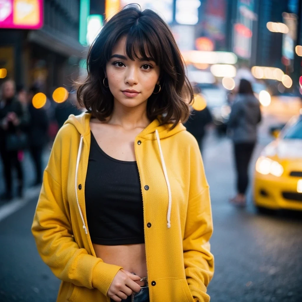 (photograph, 200mm lens, f/1.8), A close-up photograph of an adult woman standing in the city of New York, a blurred background, depth of field, voluminous curly brown hair pushed to one side, , fully clothed, beautiful face, light makeup, looking at the viewer, (she is wearing a mustard hoodie and a black top:1.2)