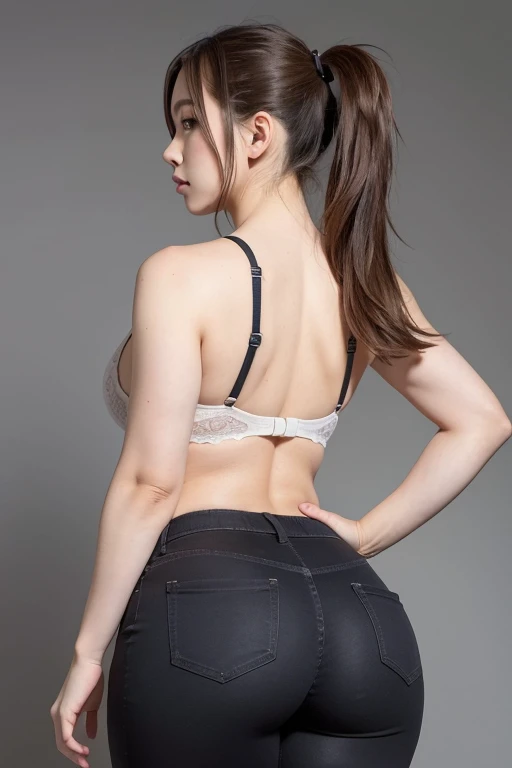 One girl, High resolution, Large Breasts, Back view, Character portrait, Illustration, masterpiece, Highest quality, Long Hair, ponytail, Tight pants,Panty lines