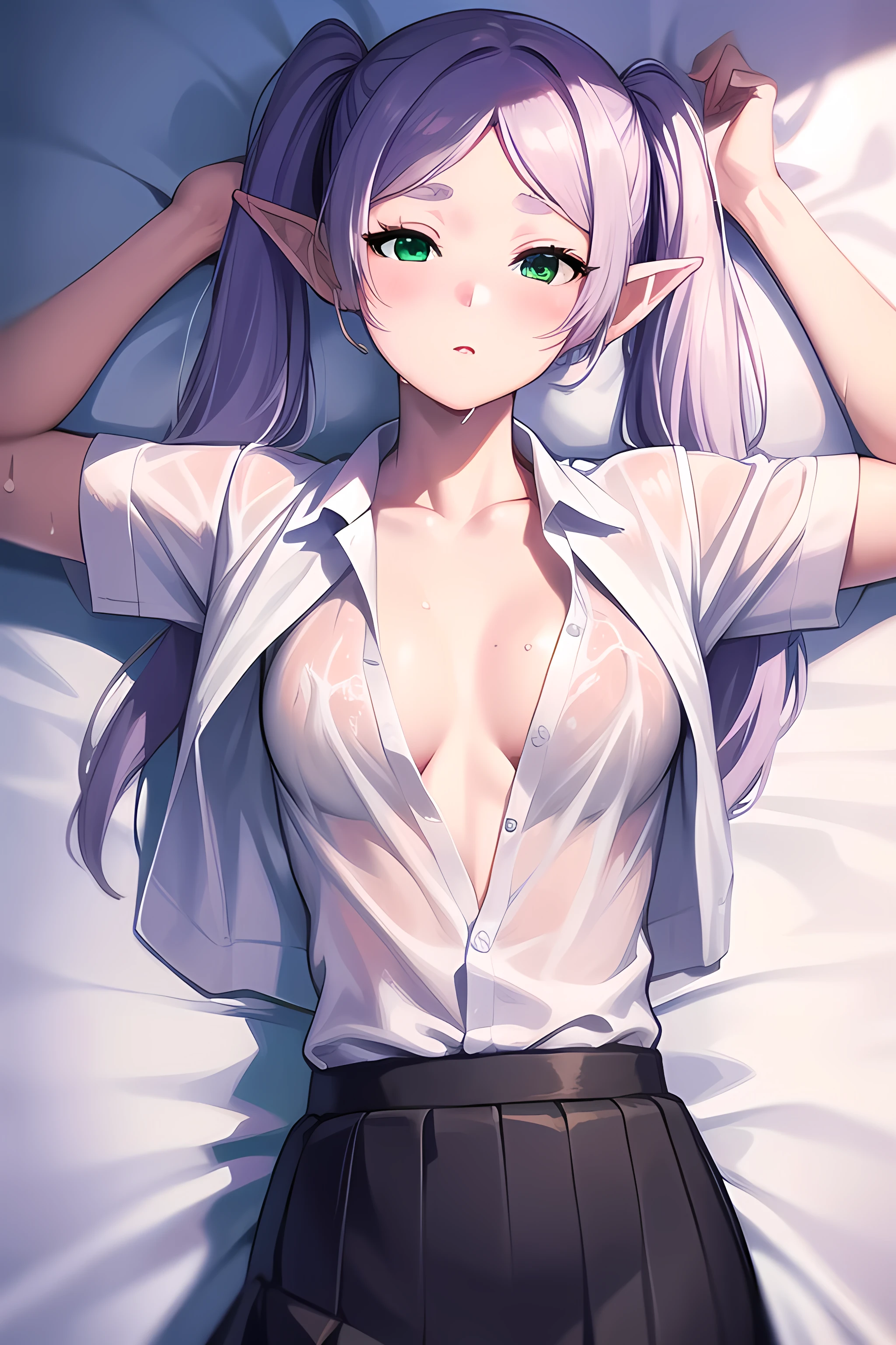 photorealistic, (4k), depth of field, (Masterpiece), (realistic skin texture), extremely detailed, intricate, hyper detailed, high resolution, professional photography, bokeh, sharp detail, best quality, woman, standing, japanese style, no cloth, shining breasts, blush, blush on face, looking at viewer, frieren, long hair, twintails, (green eyes:1.5), grey hair, pointy ears, elf, job skirt, white shirt, shirt is wet, wet shirt, transparent shirt, seductive, small breasts, woman job skirt, job skirt, black skirt, looking into viewer, sfw, lying, on bed, bedroom, unbuttoned shirt