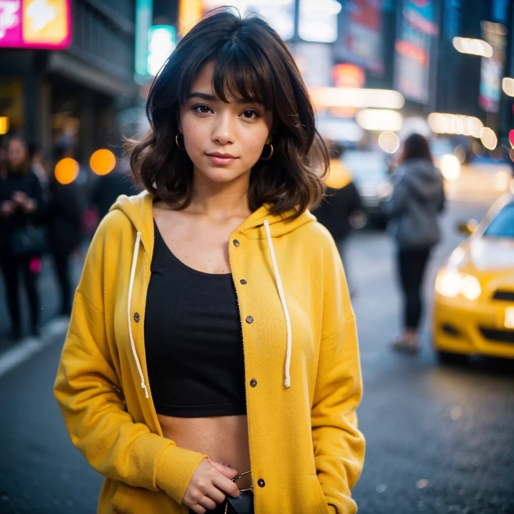 (photograph, 200mm lens, f/1.8), A close-up photograph of an adult woman standing in the city of New York, a blurred background, depth of field, voluminous curly brown hair pushed to one side, , nude, beautiful face, light makeup, looking at the viewer, (she is wearing a mustard hoodie and a black top:1.2)