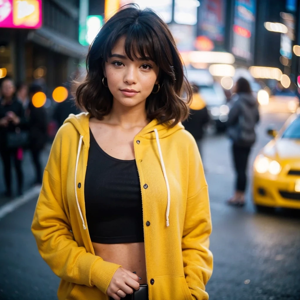 (photograph, 200mm lens, f/1.8), A close-up photograph of an adult woman standing in the city of New York, a blurred background, depth of field, voluminous curly brown hair pushed to one side, , nude, beautiful face, light makeup, looking at the viewer, (she is wearing a mustard hoodie and a black top:1.2)