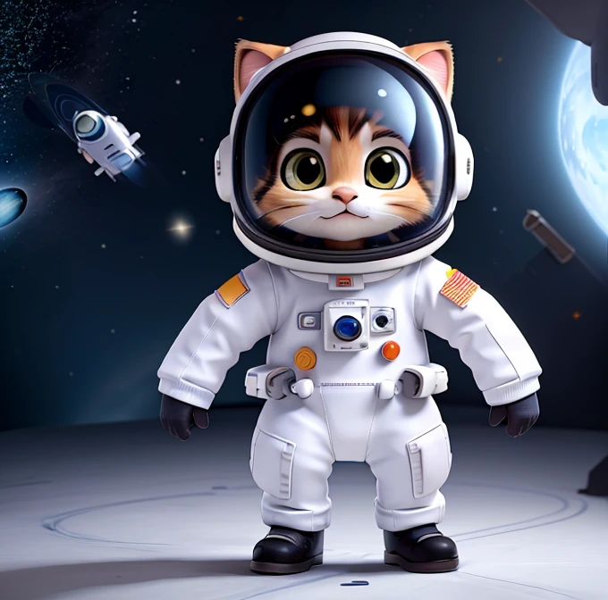 The image shows a small kitten dressed in an astronaut suit. The costume is bright white, with silver details and some colorful labels that imitate the design of a space uniform. The helmet is transparent, allowing you to see the cat&#39;s big curious eyes and adorable expression. His ears are visible and a little folded, giving an even cuter touch to the look. The kitten is posed in a heroic manner, with one paw raised, as if ready to explore space. Ao fundo, there is a backdrop of stars and planets, which further highlights the space atmosphere and makes the kitten look like a true explorer of the cosmos.