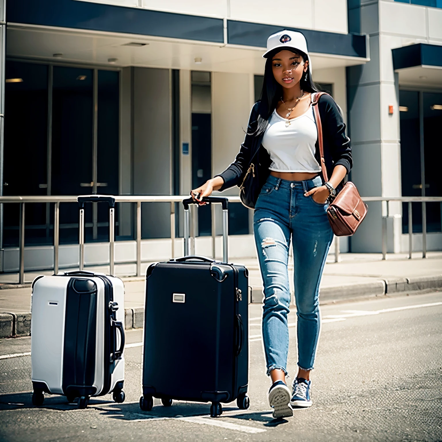 beautiful young black woman with straight black hair wearing casual clothes walking and pulling suitcase, fully body,