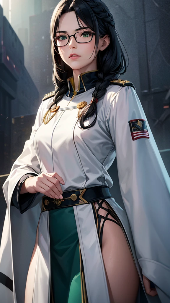 (highest resolution),(beautiful picture),sci-fi movie poster,(สไตล์ภาพscience fiction),(best quality),(Masterpiece),(Maximum face detail),((semi-realistic)), Maximum face resolution, adult, woman,east asian people, small, black hair,(Bangs) double braid hairstyle, smooth, green eyes,red glasses,(high class military uniform),long skirt,white coat,future,science fiction