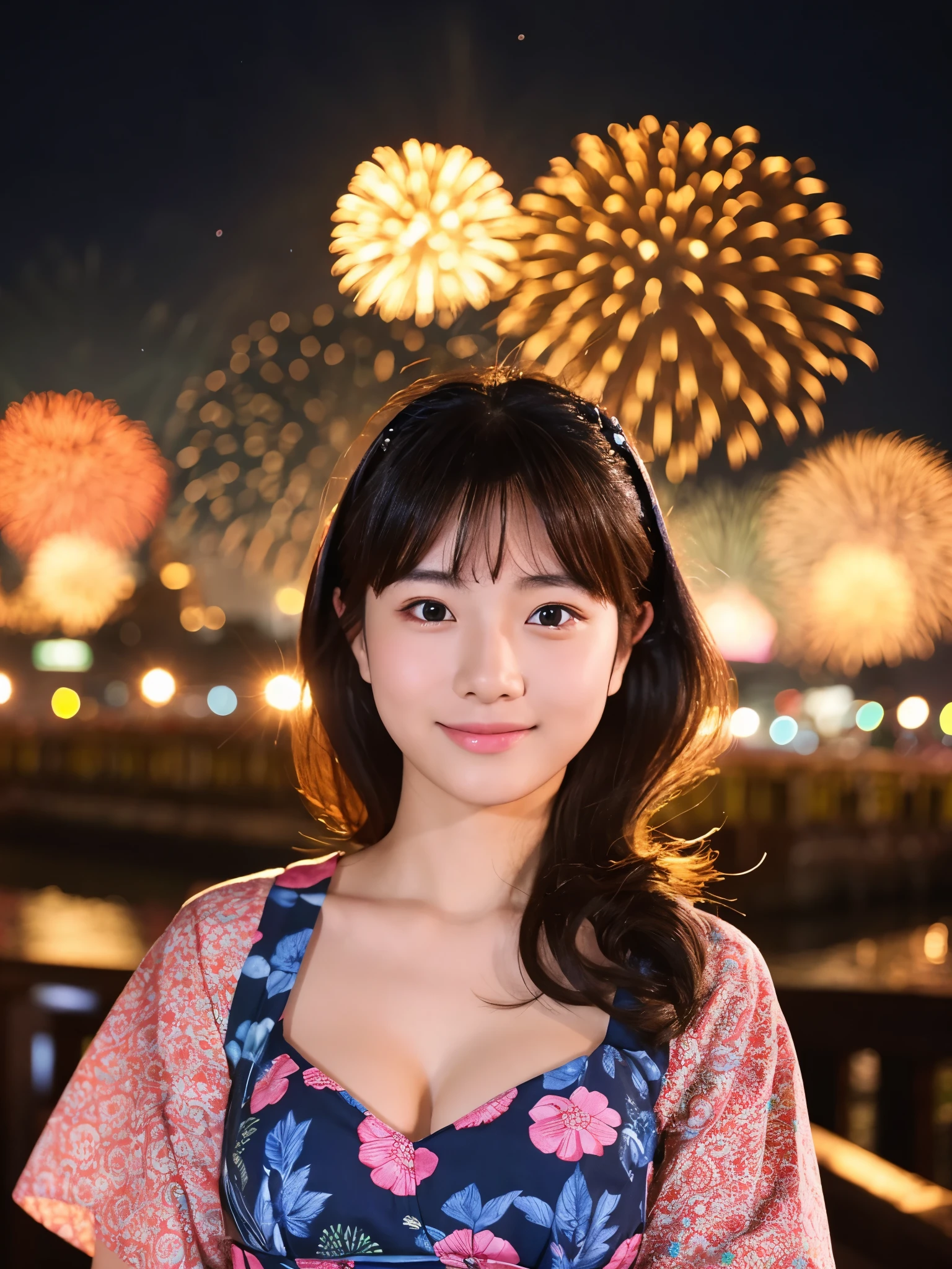 A very cute face like an idol、A young-looking 20-year-old woman wearing a Japanese yukata with three-quarter sleeves、Cleavage、night、Fireworks display、Natural light、Whole body、High level of artistry