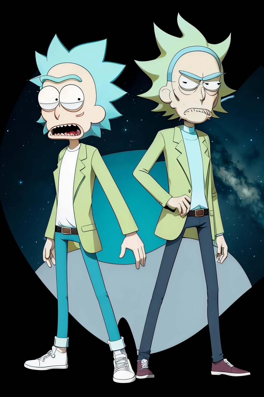 make rick and morty in the same art style as the 2d drawing, more similar to the 2d series
