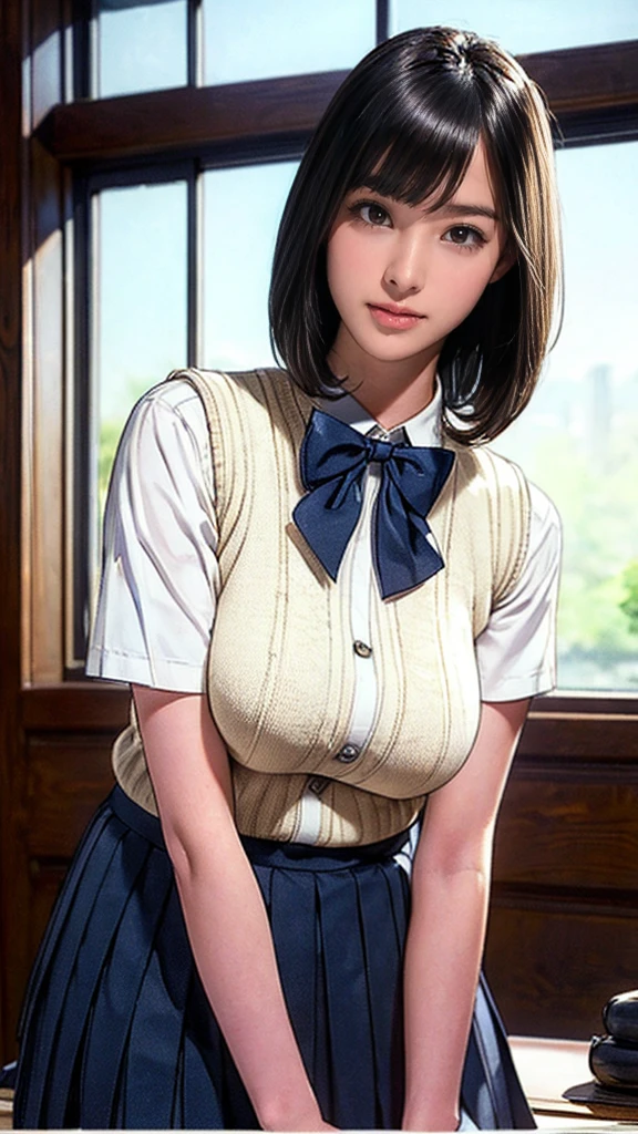 (masterpiece:1.2, Highest quality), (Realistic, photoRealistic:1.4), (Large Breasts:1.5), Beautiful illustrations, (Natural Side Lighting, Cinema Lighting), Written boundary depth, Looking at the audience, (Face Focus, Upper Body), Front view, 1 girl, Japanese, high school girl, ************, Perfect Face, Symmetrical cute face, Glowing Skin, (Bob Hair:1.7,Black Hair), Asymmetrical bangs, Big eyes, Droopy eyes, long eyelashes chest), thin, Beautiful Hair, Beautiful Face, Beautiful and beautiful eyes, Beautiful clavicle, Beautiful body, Beautiful breasts, Beautiful thighs, Beautiful legs, Beautiful fingers, ((Quality fabric texture, brown knit vest, Short sleeve white collar shirt, Navy Pleated Skirt, Navy bow tie)), (Beautiful views), evening, (Inside the flower shop), Are standing, (smile, Superior, Open your mouth), (From below:1.5),(Poor visibility:1.5), (From below)