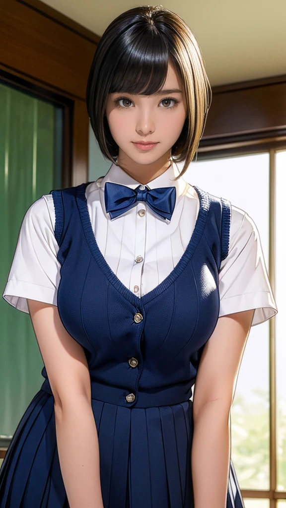 (masterpiece:1.2, Highest quality), (Realistic, photoRealistic:1.4), (Large Breasts:1.5), Beautiful illustrations, (Natural Side Lighting, Cinema Lighting), Written boundary depth, Looking at the audience, (Face Focus, Upper Body), Front view, 1 girl, Japanese, high school girl, 15 years old, Perfect Face, Symmetrical cute face, Glowing Skin, (Bob Hair:1.7,Black Hair), Asymmetrical bangs, Big eyes, Droopy eyes, long eyelashes chest), thin, Beautiful Hair, Beautiful Face, Beautiful and beautiful eyes, Beautiful clavicle, Beautiful body, Beautiful breasts, Beautiful thighs, Beautiful legs, Beautiful fingers, ((Quality fabric texture, brown knit vest, Short sleeve white collar shirt, Navy Pleated Skirt, Navy bow tie)), (Beautiful views), evening, (Inside the flower shop), Are standing, (smile, Superior, Open your mouth), (From below:1.5),(Poor visibility:1.5), (From below)