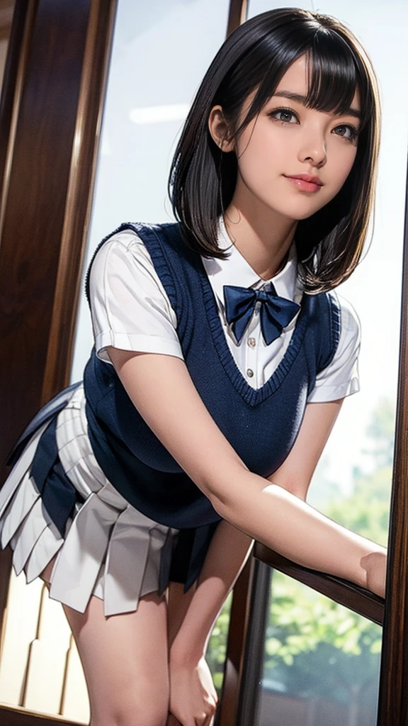 (masterpiece:1.2, Highest quality), (Realistic, photoRealistic:1.4), (Large Breasts:1.5), Beautiful illustrations, (Natural Side Lighting, Cinema Lighting), Written boundary depth, Looking at the audience, (Face Focus, Upper Body), Front view, 1 girl, Japanese, high school girl, 15 years old, Perfect Face, Symmetrical cute face, Glowing Skin, (Bob Hair:1.7,Black Hair), Asymmetrical bangs, Big eyes, Droopy eyes, long eyelashes chest), thin, Beautiful Hair, Beautiful Face, Beautiful and beautiful eyes, Beautiful clavicle, Beautiful body, Beautiful breasts, Beautiful thighs, Beautiful legs, Beautiful fingers, ((Quality fabric texture, brown knit vest, Short sleeve white collar shirt, Navy Pleated Skirt, Navy bow tie)), (Beautiful views), evening, (Inside the flower shop), Are standing, (smile, Superior, Open your mouth), (From below:1.5),(Poor visibility:1.5), (From below)