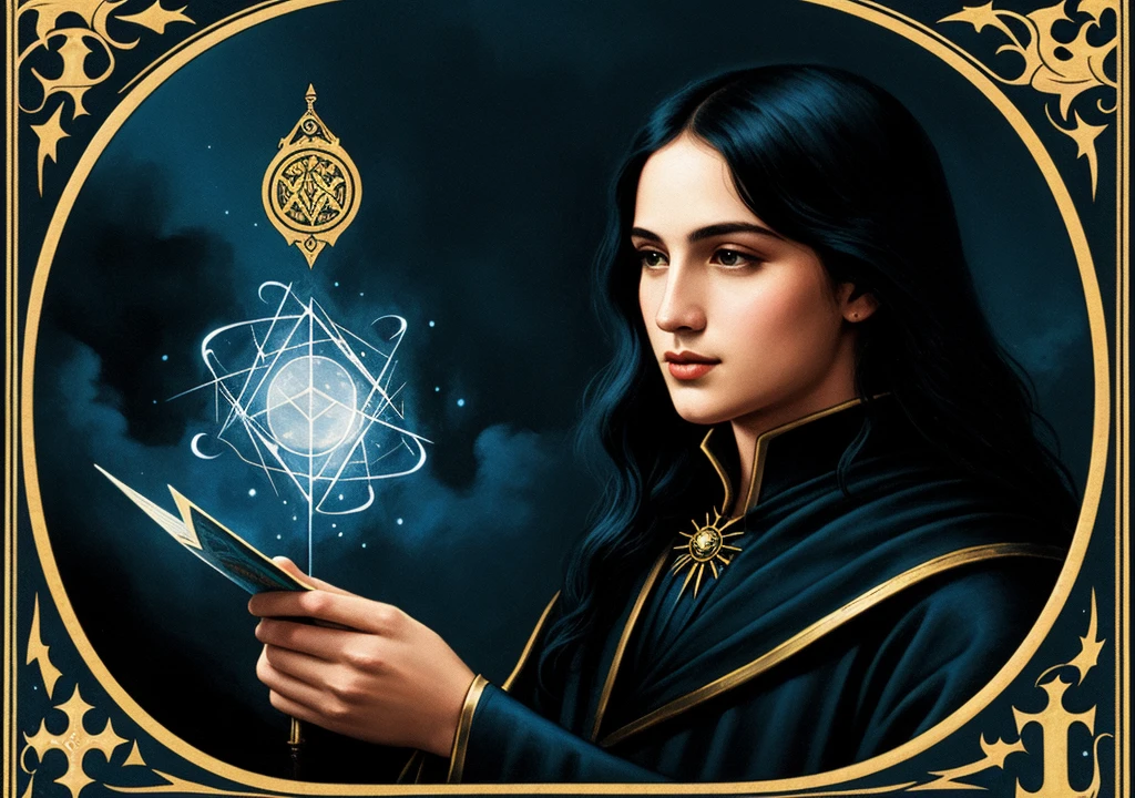 Illustration fantasy art tarot magician dark blue closeup
