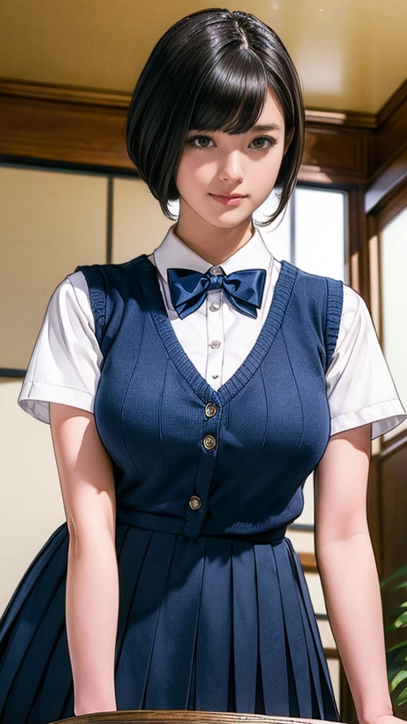 (masterpiece:1.2, Highest quality), (Realistic, photoRealistic:1.4), (Large Breasts:1.5), Beautiful illustrations, (Natural Side Lighting, Cinema Lighting), Written boundary depth, Looking at the audience, (Face Focus, Upper Body), Front view, 1 girl, Japanese, high school girl, 15 years old, Perfect Face, Symmetrical cute face, Glowing Skin, (Bob Hair:1.7,Black Hair), Asymmetrical bangs, Big eyes, Droopy eyes, long eyelashes chest), thin, Beautiful Hair, Beautiful Face, Beautiful and beautiful eyes, Beautiful clavicle, Beautiful body, Beautiful breasts, Beautiful thighs, Beautiful legs, Beautiful fingers, ((Quality fabric texture, brown knit vest, Short sleeve white collar shirt, Navy Pleated Skirt, Navy bow tie)), (Beautiful views), evening, (Inside the flower shop), Are standing, (smile, Superior, Open your mouth), (From below:1.5),(Poor visibility:1.5), (From below)