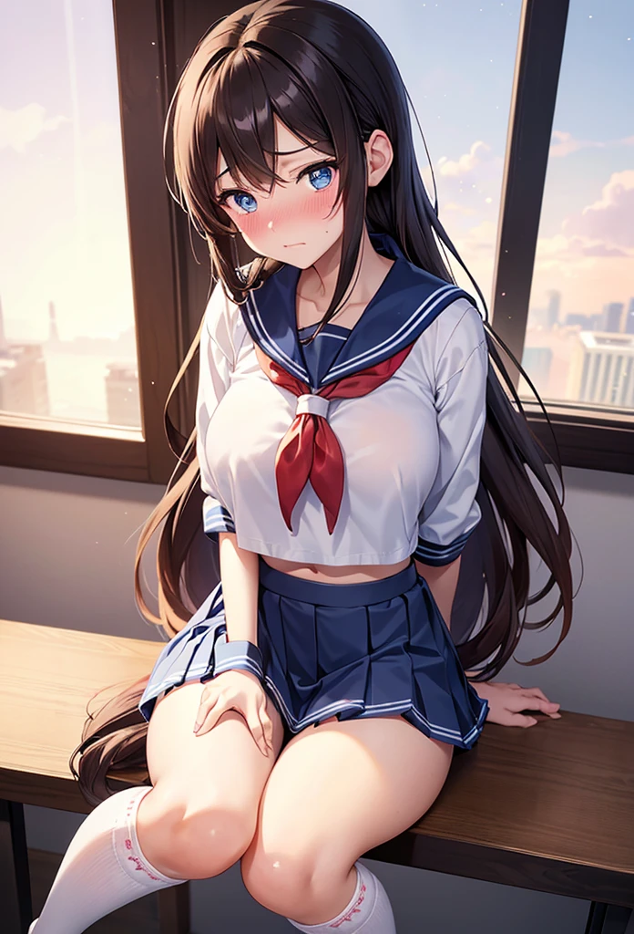 A beautiful girl sitting on a chair showing her panties, she lifts her skirt with her hands and showing them, (skirt lift:1.4), (presenting panties:1.8), red , ((Sailor suit tops, Sailor collar, White shirt, pleated mini skirt:1.3), (Knee-high socks:1.3):1.3), panties, (lace light blue panties:1.45), school classroom, Desk and chair in the background, big rounds breasts, (Beautiful and big breasts:1.3), dark brown hair, swept bangs, long hair, wavy hair, ponytail, expressive hair, shiny hair, hairclip, aqua eyes, (gradient eyes:1.3), glowing eyes, pupils sparkling, blush, bright pupils, glossy lips, embarrassed, (Very embarrassed look:1.5), slim waist, shapely legs, beautiful thighs, whole body, Angle from the front, from above, POV, anime CG style, high definition, natural light, high detail, anime, dithering, image fill, perspective, Wide-Angle, f/1.8, 85mm, Sony FE GM, 8k, 8k wallpaper, super detail, highly detailed CG, UHD, retina, masterpiece, accurate, anatomically correct, textured skin, highres, best quality:1.3, 16k