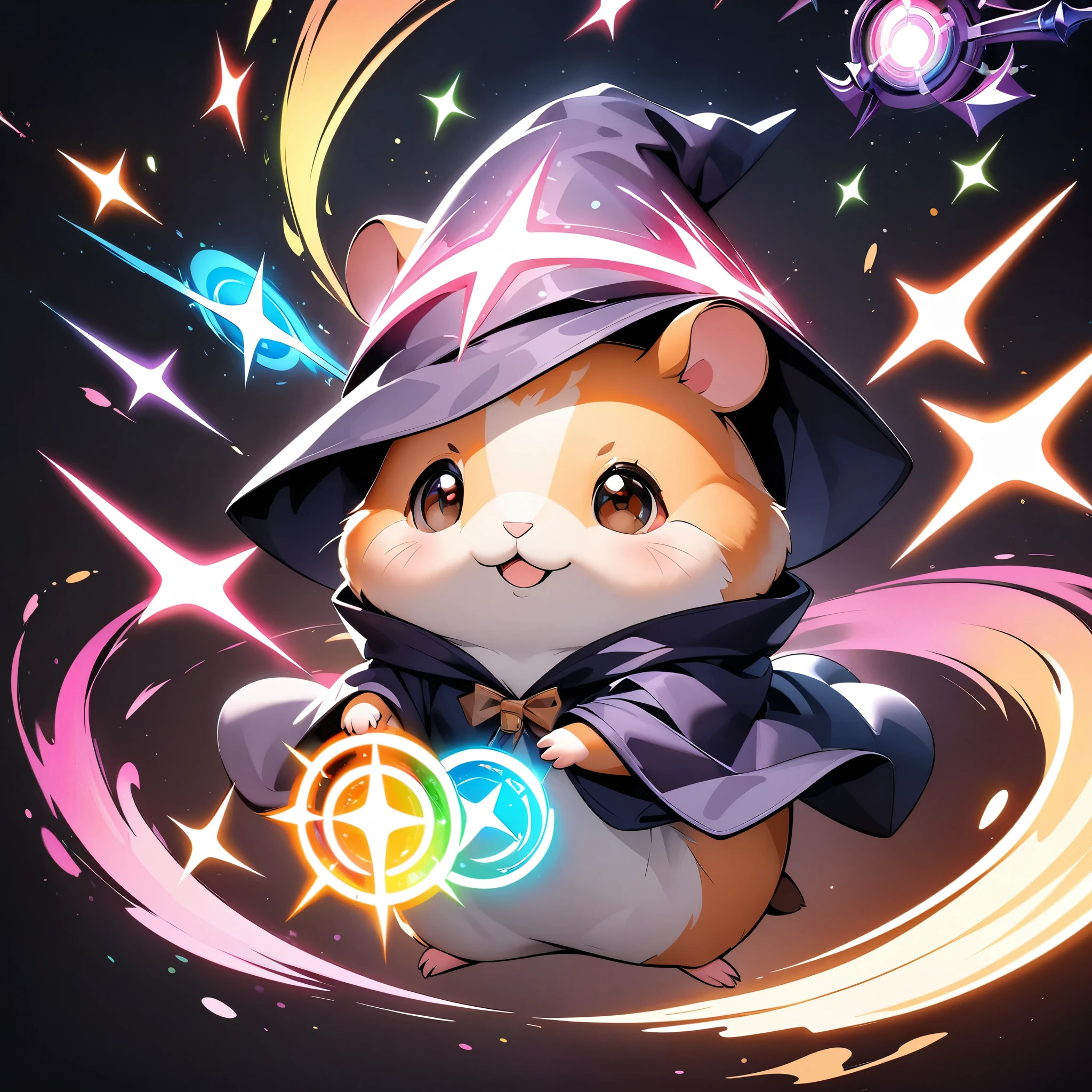 Colorful drawing of a hamster on a black background, Breathtaking Rendering, In a shining connection, Magical Elements, Hamster icon, Wizard Robe and Wand, Colorful vibrations and magical effects, Energy released, Cast a variety of spells, bright flash, flash, Deformation, Cute Animals.