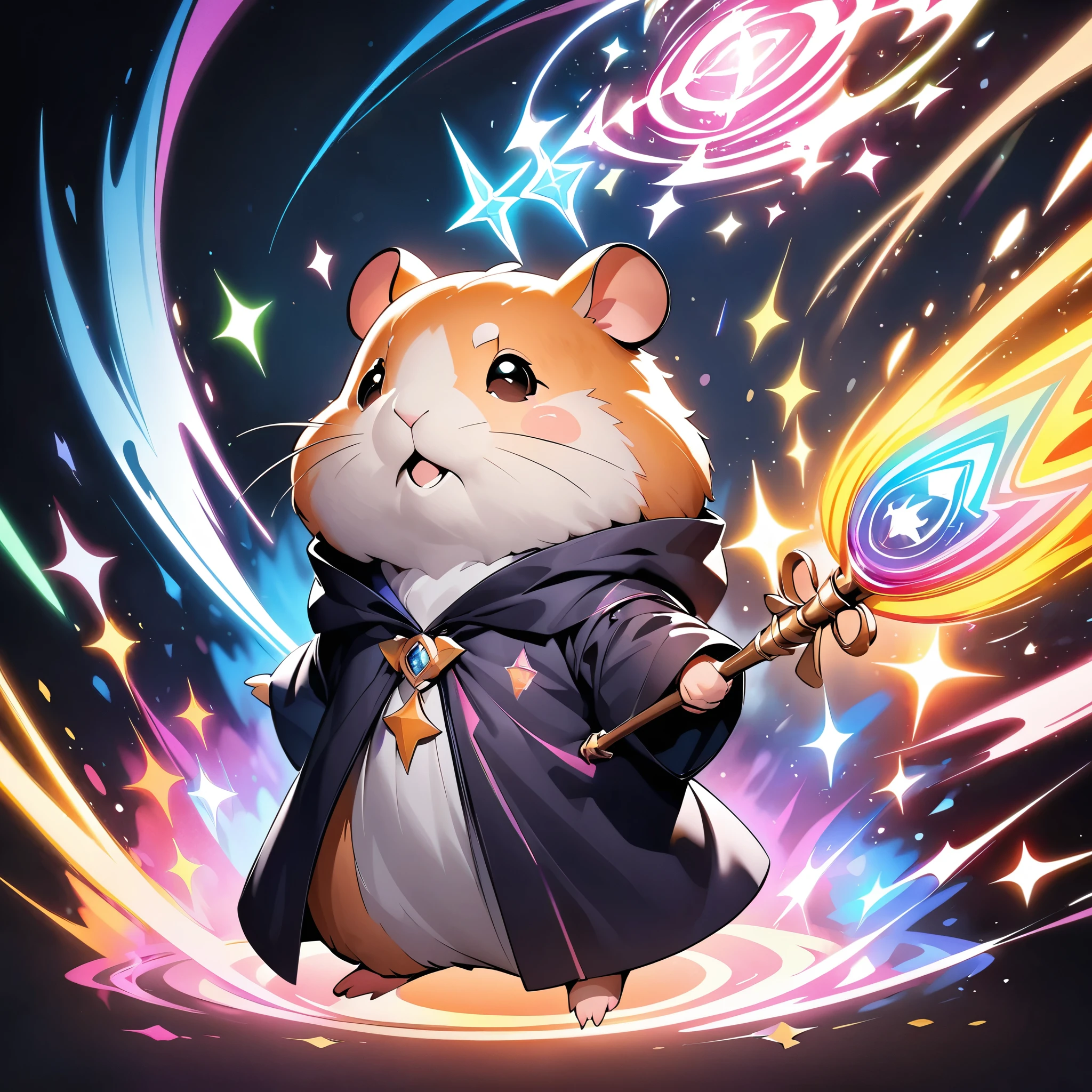 Colorful drawing of a hamster on a black background, Breathtaking Rendering, In a shining connection, Magical Elements, Hamster icon, Wizard Robe and Wand, Colorful vibrations and magical effects, Energy released, Cast a variety of spells, bright flash, flash, Deformation, Cute Animals.