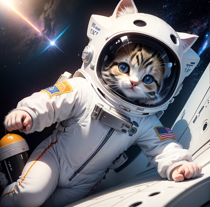 The image shows a small kitten dressed in an astronaut suit. The costume is bright white, with silver details and some colorful labels that imitate the design of a space uniform. The helmet is transparent, allowing you to see the cat's big curious eyes and adorable expression. His ears are visible and a little folded, giving an even cuter touch to the look. The kitten is posed in a heroic manner, with one paw raised, as if ready to explore space. Ao fundo, there is a backdrop of stars and planets, which further highlights the space atmosphere and makes the kitten look like a true explorer of the cosmos.