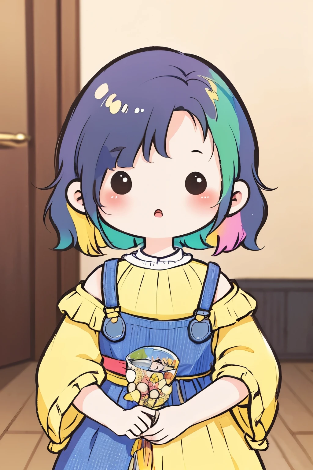super deformed, best quality, 8k, RAW photo, incredibly absurdres, extremely detailed, beautiful woman, blurry look, looks like you want something expression, wistful look, iridescent black messy yellow short hair, (wind), wearing fluffy long-pile knit long pastel color dress, relax in the room, variety of visual styles that combine various artistic elements like a sparkling rainbow, BREAK , black oval eyes