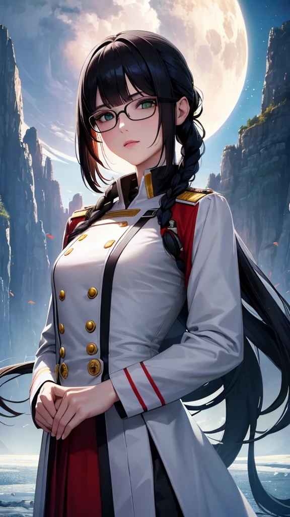 (highest resolution),(beautiful picture),sci-fi movie poster,(สไตล์ภาพscience fiction),(best quality),(Masterpiece),(Maximum face detail),((semi-realistic)), Maximum face resolution, adult, woman,east asian people, small, black hair,(Bangs) double braid hairstyle, smooth, green eyes,red glasses,(high class military uniform),long skirt,white coat,future,science fiction