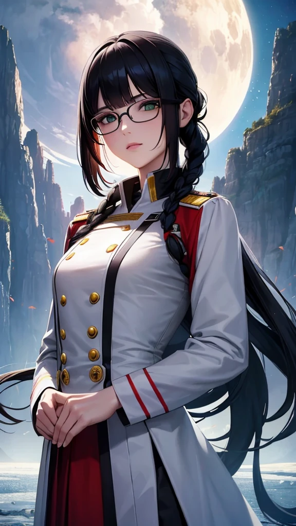 (highest resolution),(beautiful picture),sci-fi movie poster,(สไตล์ภาพscience fiction),(best quality),(Masterpiece),(Maximum face detail),((semi-realistic)), Maximum face resolution, adult, woman,east asian people, small, black hair,(Bangs) double braid hairstyle, smooth, green eyes,red glasses,(high class military uniform),long skirt,white coat,future,science fiction