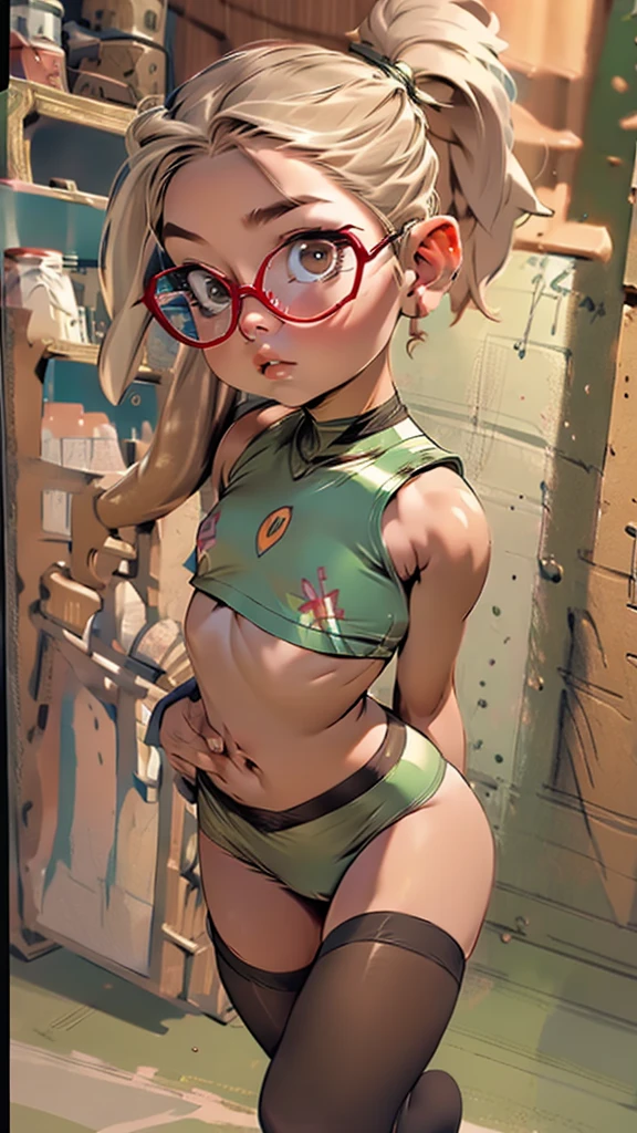 glow，erotic masterpiece, beautiful, 4K, best quality, oil painting portrait style， cute face, small breasts,  blonde，high ponytail，pointed ears，round frame glasses, thigh high stockings, Plaid tar decoration,(nsfw:0.55), ((flat chested, flat stomach, baby face)), (intense colors)