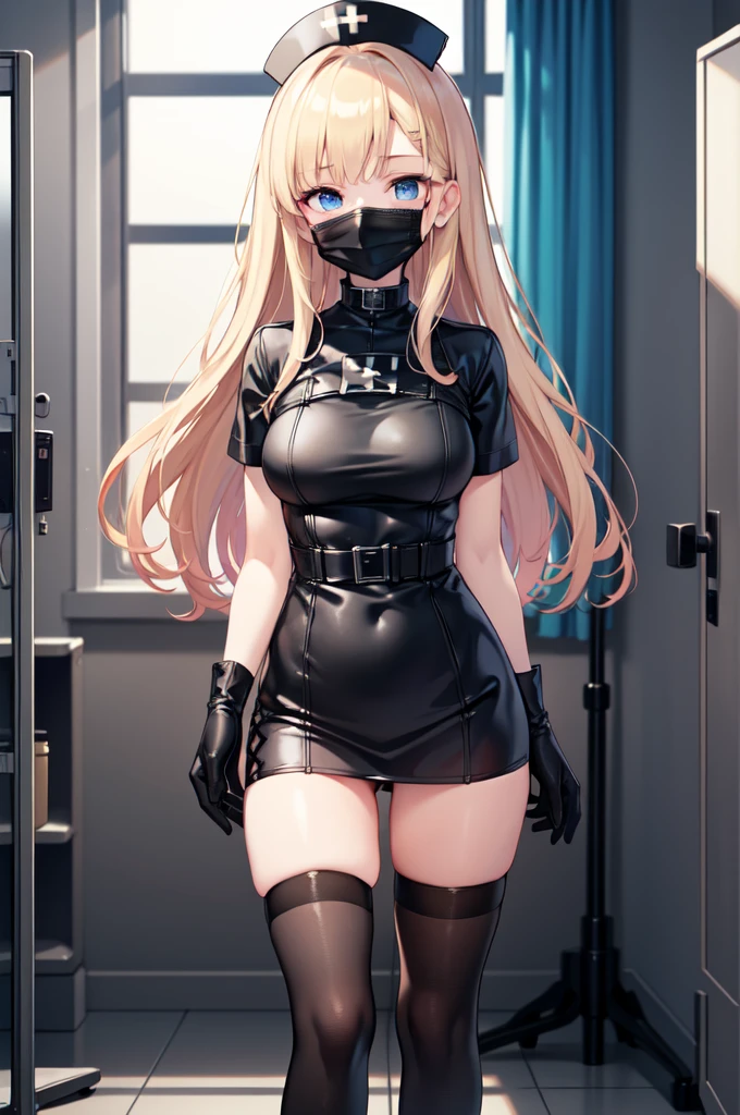 black nurse, 1woman, solo, black nurse cap, black nurse uniform, ((black legwear, zettai ryouiki)), black elbow gloves, blonde hair, blue eyes, ((black surgical mask, covered nose)), standing, ((surgery room)), sharp outline, short sleeves, mature female, 35 years old, best quality, masterpiece