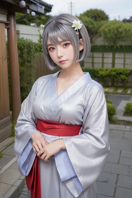 ((Silver Hair))、((Short Hair))、((Shrine maiden costume))、((Highest quality、8k、masterpiece))、Sharp focus:1.2、Small fox ears、e 17 rl with perfect figure:1.4、Slim Abs:1.2、((Dark brown hair))、street:1.2、Highly detailed face and skin texture、fine grain、(The chest is exposed)、double eyelid、shoulder、Close-up of a woman in a kimono posing for a photo、Japanの女神、Japan人モデル、white、((Small breasts))、((Shrine maiden costume))、Japan、Drawing attractive anime girls