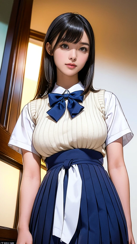 (masterpiece:1.2, Highest quality), (Realistic, photoRealistic:1.4), (Large Breasts:1.5), Beautiful illustrations, (Natural Side Lighting, Cinema Lighting), Written boundary depth, Looking at the audience, (Face Focus, Upper Body), Front view, 1 girl, Japanese, high school girl, 15 years old, Perfect Face, Symmetrical cute face, Glowing Skin, (Bob Hair:1.7,Black Hair), Asymmetrical bangs, Big eyes, Droopy eyes, long eyelashes chest), thin, Beautiful Hair, Beautiful Face, Beautiful and beautiful eyes, Beautiful clavicle, Beautiful body, Beautiful breasts, Beautiful thighs, Beautiful legs, Beautiful fingers, ((Quality fabric texture, brown knit vest, Short sleeve white collar shirt, Navy Pleated Skirt, Navy bow tie)), (Beautiful views), evening, (Inside the flower shop), Are standing, (smile, Superior, Open your mouth), (From below:1.5),(Poor visibility:1.5), (From below)