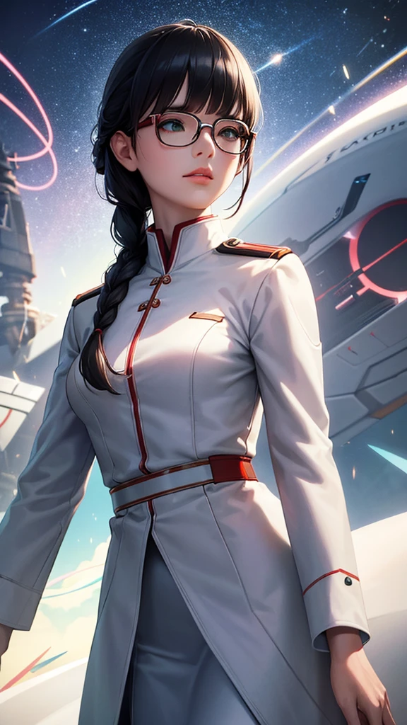 (highest resolution),(beautiful picture),sci-fi movie poster,(สไตล์ภาพscience fiction),(best quality),(Masterpiece),(Maximum face detail),((semi-realistic)), Maximum face resolution, adult, woman,east asian people, small, black hair,(Bangs) double braid hairstyle, smooth, green eyes,red glasses,(high class military uniform),long skirt,white coat,future,science fiction