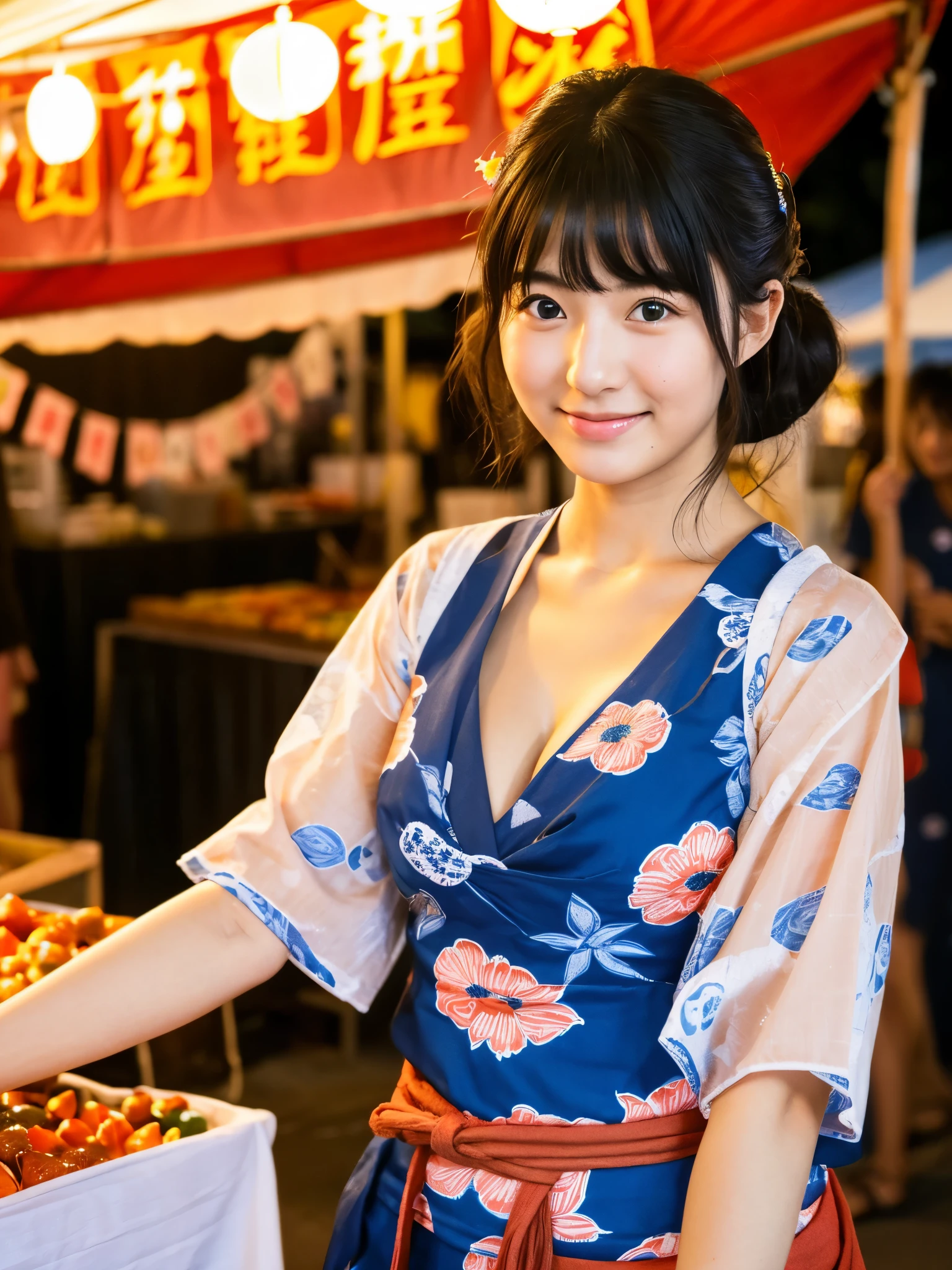 A very cute face like an idol、A young-looking 20-year-old woman wearing a Japanese yukata with three-quarter sleeves、Cleavage、night、Goldfish scooping at a Japanese festival stall、Natural light、Whole body、High level of artistry