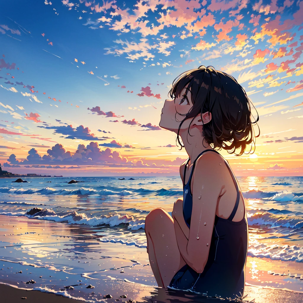 (finely best quality illustration, extremely detailed and beautiful, ultra high res:1.0),
1 girl, solo, , , cute, kawaii, lonely, wet, {standing|sitting},
{black|brown} hair, __hairstyle__, (looking away, lookin up at the sky:1.2),
KK-70, blue one-piece swimsuit,
(in the beach, golden hour, dim, dusk, sunset:1.2), beautiful cloud, clear sky, from side, from below,
