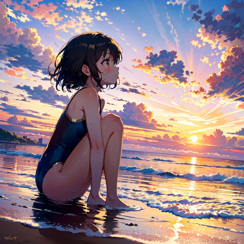 (finely best quality illustration, extremely detailed and beautiful, ultra high res:1.0),
1 girl, solo, 12 years old, , cute, kawaii, lonely, wet, {standing|sitting},
{black|brown} hair, __hairstyle__, (looking away, lookin up at the sky:1.2),
KK-70, blue one-piece swimsuit,
(in the beach, golden hour, dim, dusk, sunset:1.2), beautiful cloud, clear sky, from side, from below,

