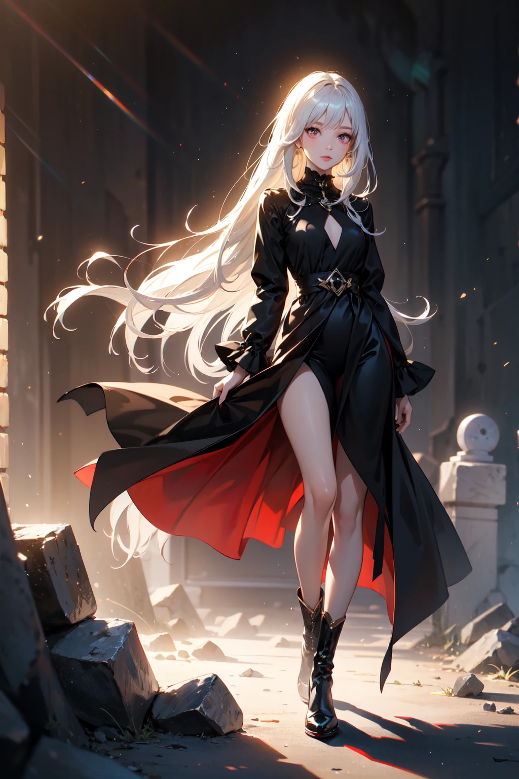 (best quality,4k,8k,highres,masterpiece:1.2),ultra-detailed,realistic, HDR, UHD, studio lighting, extreme detail description, professional, vivid colors, bokeh, oil painting, portraits, white hair, long hair, red eye, full body, tight black dress, city background, beautiful
