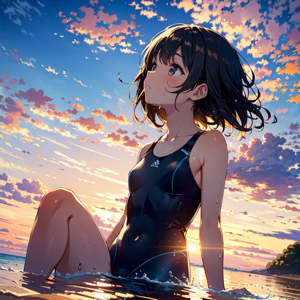 (finely best quality illustration, extremely detailed and beautiful, ultra high res:1.0),
1 girl, solo, 12 years old, , cute, kawaii, lonely, wet, {standing|sitting},
{black|brown} hair, __hairstyle__, (looking away, lookin up at the sky:1.2),
KK-70, blue one-piece swimsuit,
(in the beach, golden hour, dim, dusk, sunset:1.2), beautiful cloud, clear sky, from side, from below,
