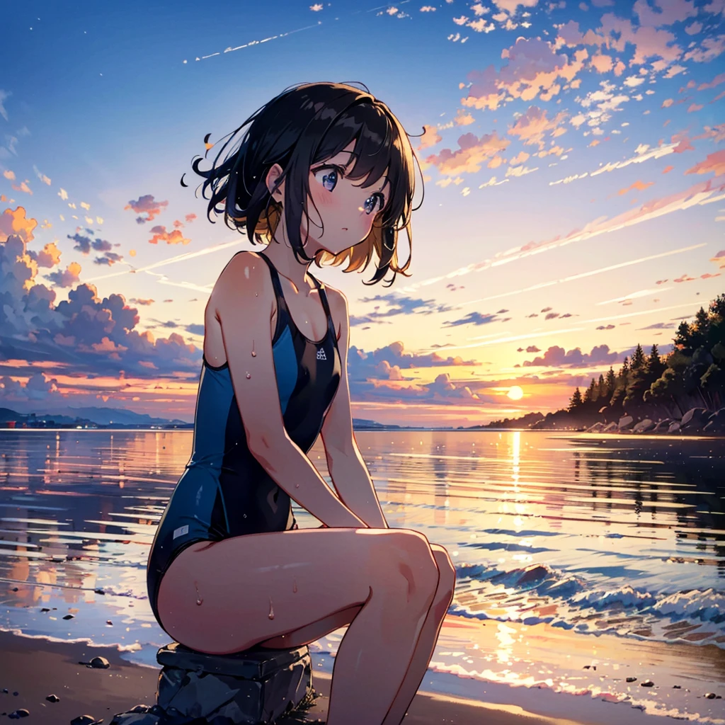 (finely best quality illustration, extremely detailed and beautiful, ultra high res:1.0),
1 girl, solo, , , cute, kawaii, lonely, wet, {standing|sitting},
{black|brown} hair, __hairstyle__, (looking away, lookin up at the sky:1.2),
KK-70, blue one-piece swimsuit,
(in the beach, golden hour, dim, dusk, sunset:1.2), beautiful cloud, clear sky, from side, from below,
