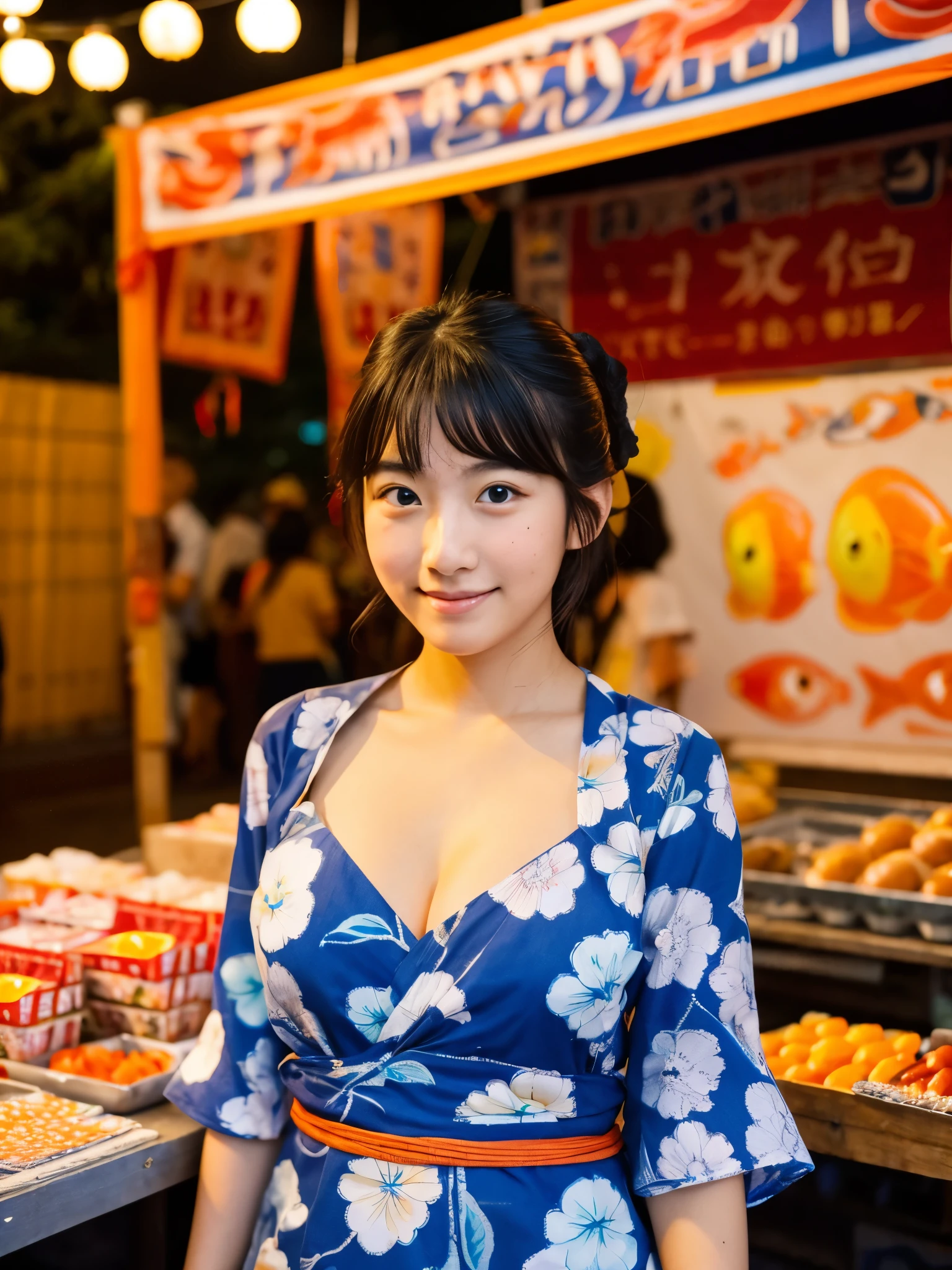 A very cute face like an idol、A young-looking 20-year-old woman wearing a Japanese yukata with three-quarter sleeves、Cleavage、night、Goldfish scooping at a Japanese festival stall、Natural light、Whole body、High level of artistry