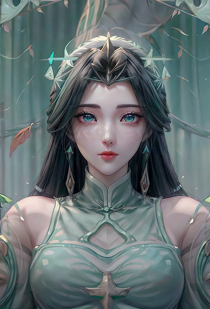 (1girl, anime, beautiful detailed eyes, beautiful detailed lips, extremely detailed eyes and face, longeyelashes, cinematic lighting, delicate colors, falling leaves, calm lighting, wind, fog, turquoise, delta shades, discord banner, masterpiece, best quality, 8k, highres, ultra-detailed, realistic, photorealistic, HDR, UHD, studio lighting, ultra-fine painting, sharp focus, physically-based rendering, extreme detail description, professional, vivid colors, bokeh)