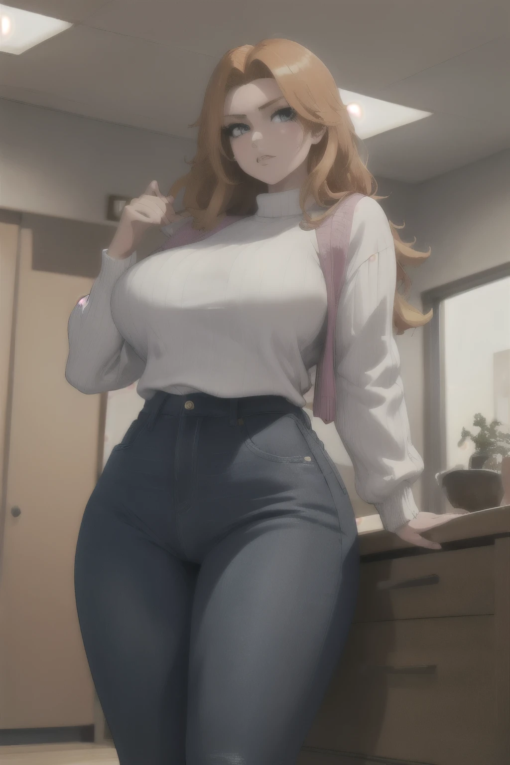 masterpiece, best quality, matsumoto rangiku, long hair, white sweater, cable-knit sweater, jeans, wide hips, looking at viewer, huge , indoors, mirror, no clothing