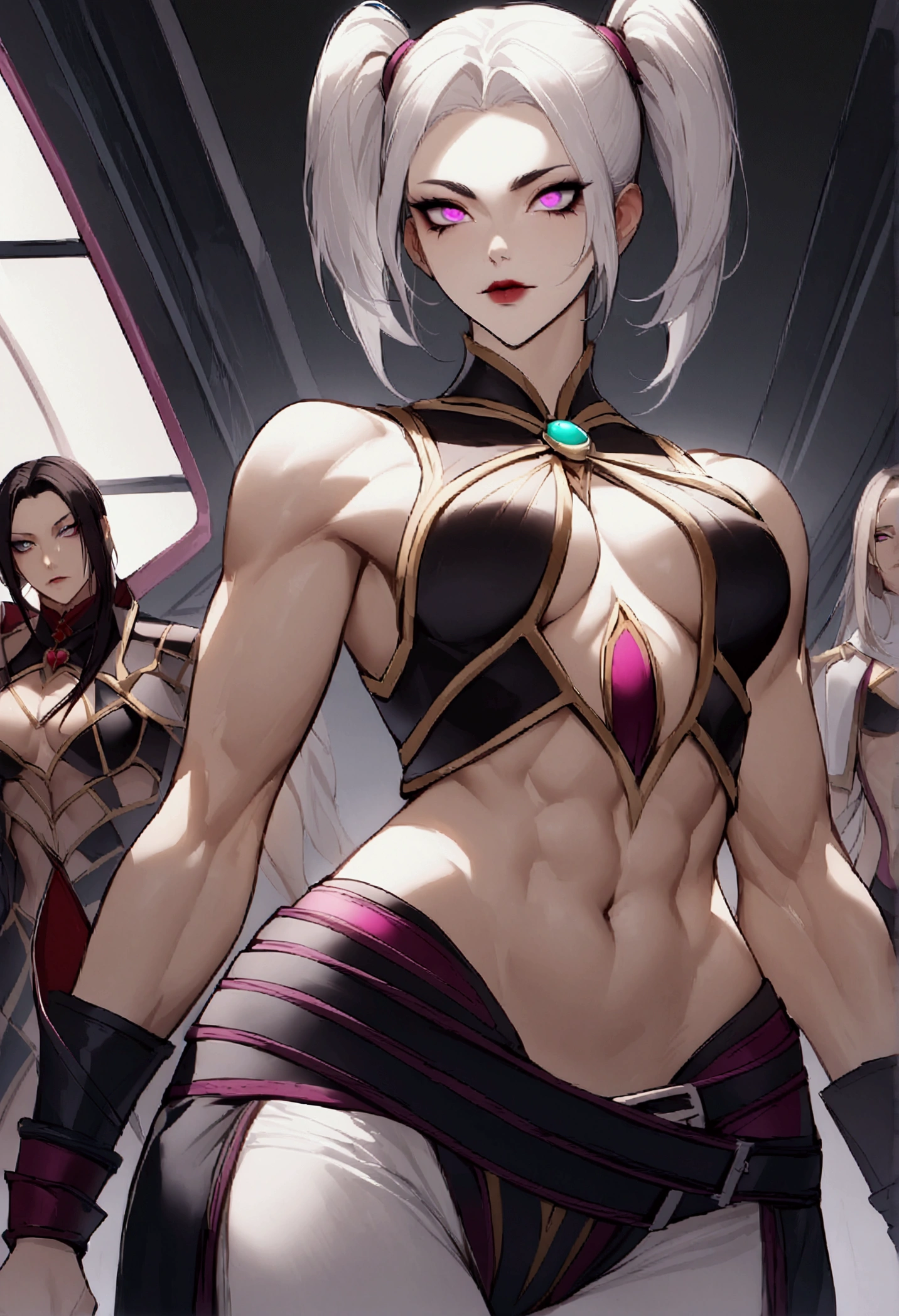 highy detailed, best qualityer, fot, X-Men vampire, absurdrez, beautiful  face (detailedeyes, deep eyes) 1womanl, brown and white hair, twintails, magenta eyes, 小柄, Broad Hips, curved, toned muscles (n7armor) inside a space ship