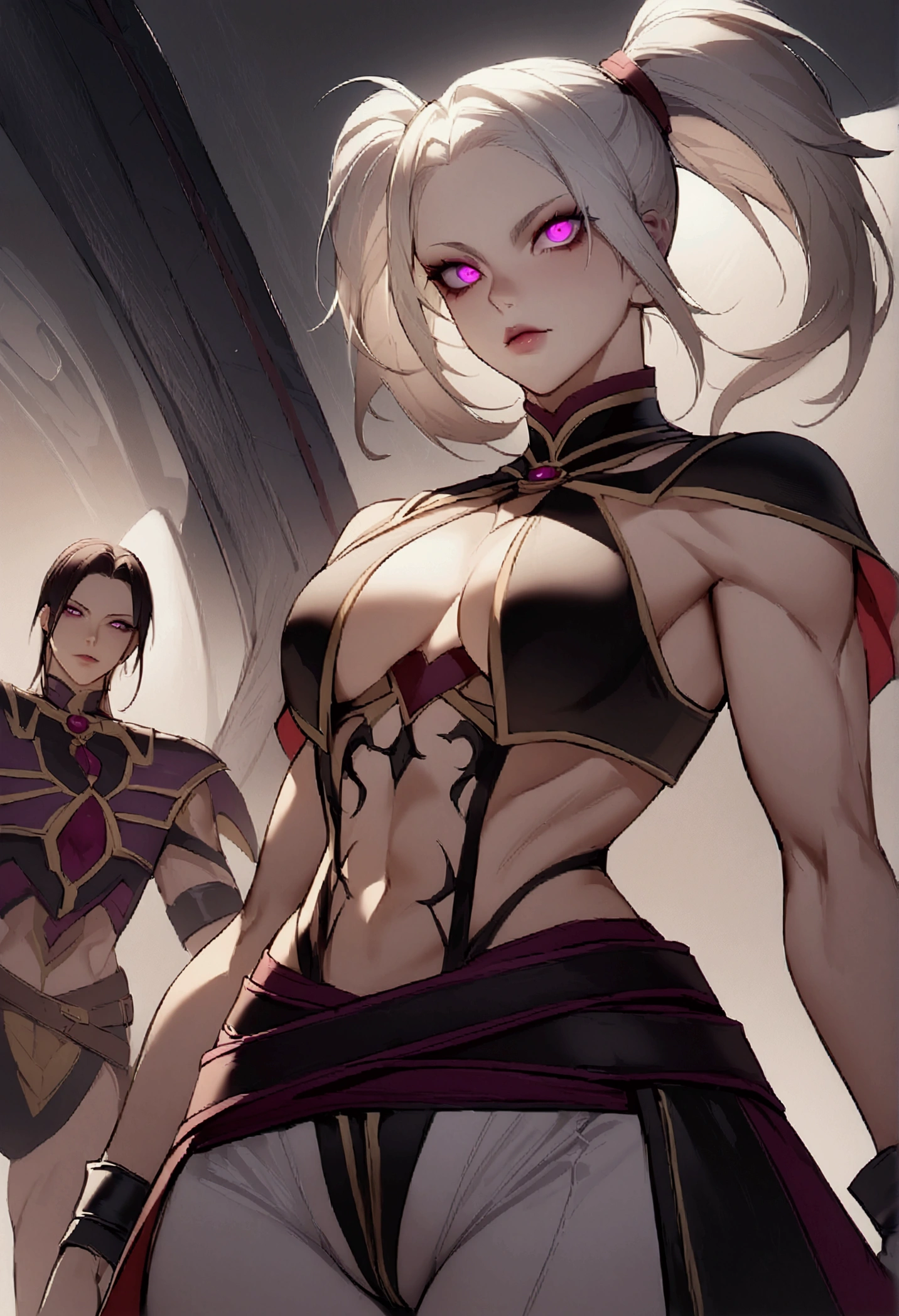 highy detailed, best qualityer, fot, X-Men vampire, absurdrez, beautiful  face (detailedeyes, deep eyes) 1womanl, brown and white hair, twintails, magenta eyes, 小柄, Broad Hips, curved, toned muscles (n7armor) inside a space ship