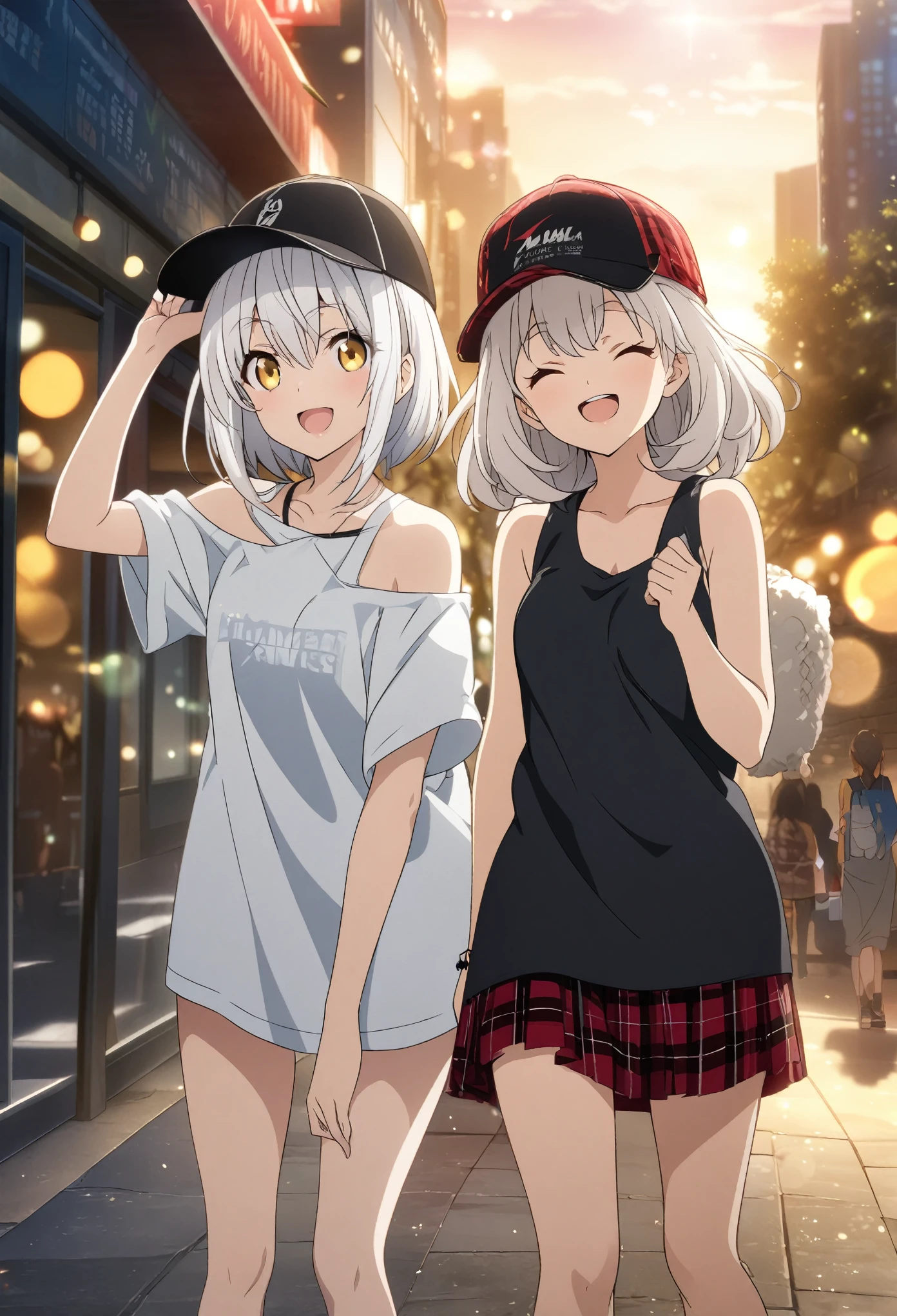 Two Girls, masterpiece, Highest quality, Highly detailed CG Unity 8K wallpapers, High School Girl Anime Illustration. Wear an oversized tank top, She is wearing a red and black checked skirt., jaw pieceのポーズ, She closes her eyes and opens her mouth wide, smile. white hair color, Yellow Eyes, Bokeh, Street style fashion, Wearing a cap, Lens flare, The sun rises, The background is the cityscape