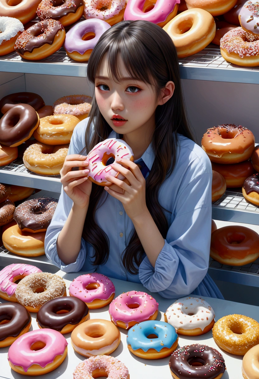 (girl Eating Donuts, by Miho Hirano), full body, award-winning, cinematic still, emotional, vignette, dynamic, vivid, (masterpiece, best quality, photorealistic, Professional, perfect composition, very aesthetic, absurdres, ultra-detailed, intricate details:1.3)