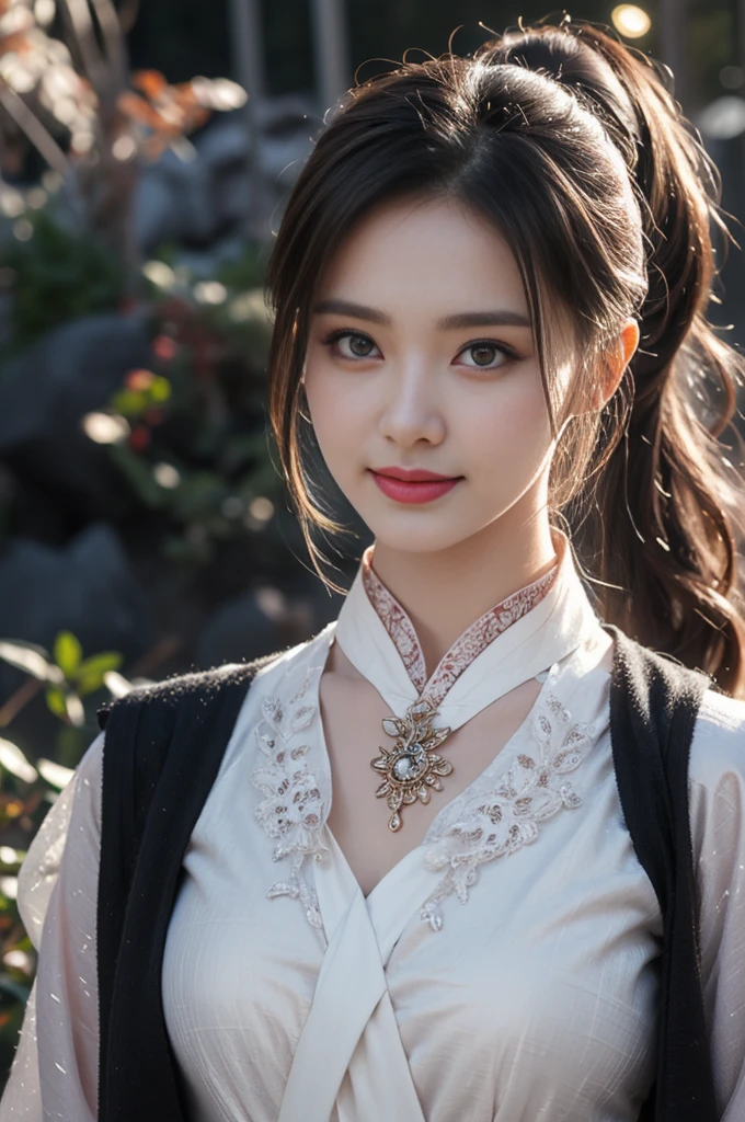 1 beautiful girl in Hanfu costume, ((black and white thin silk shirt with many patterns)), white lace shirt, long platinum purple ponytail Hair, Jewelry, ear jewelry, scarf thin black scarf, carefully drawn big purple eyes, careful makeup, thin eyebrows, high nose, beautiful red lips, happy smile, pursed lips, pink cheeks, wide chest, big chest, well-proportioned chest, slim waist, purple fishnet stockings, Chinese hanfu style, fictional art texture, many bright and realistic colors, RAW photos, Realistic photos, ultra-high quality 8k surreal photos, (light effects effective fantasy brightness: 1.8), 10 x pixels, magic effect (Background): 1.8), super detailed eyes, full body portrait of girl, vineyard, dynamic pose,