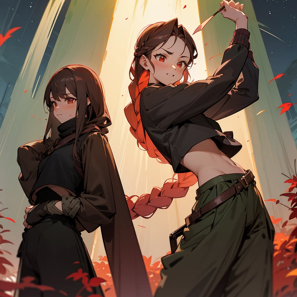 1female, sexy, young teen, finely detailed red eyes, wild long hair, braided hair, dark brown color hair, adventurer gear, crop top sweater, baggy combat pants, night time, dark forest, excited expression, flowers, blushing, standing on path, lanturns