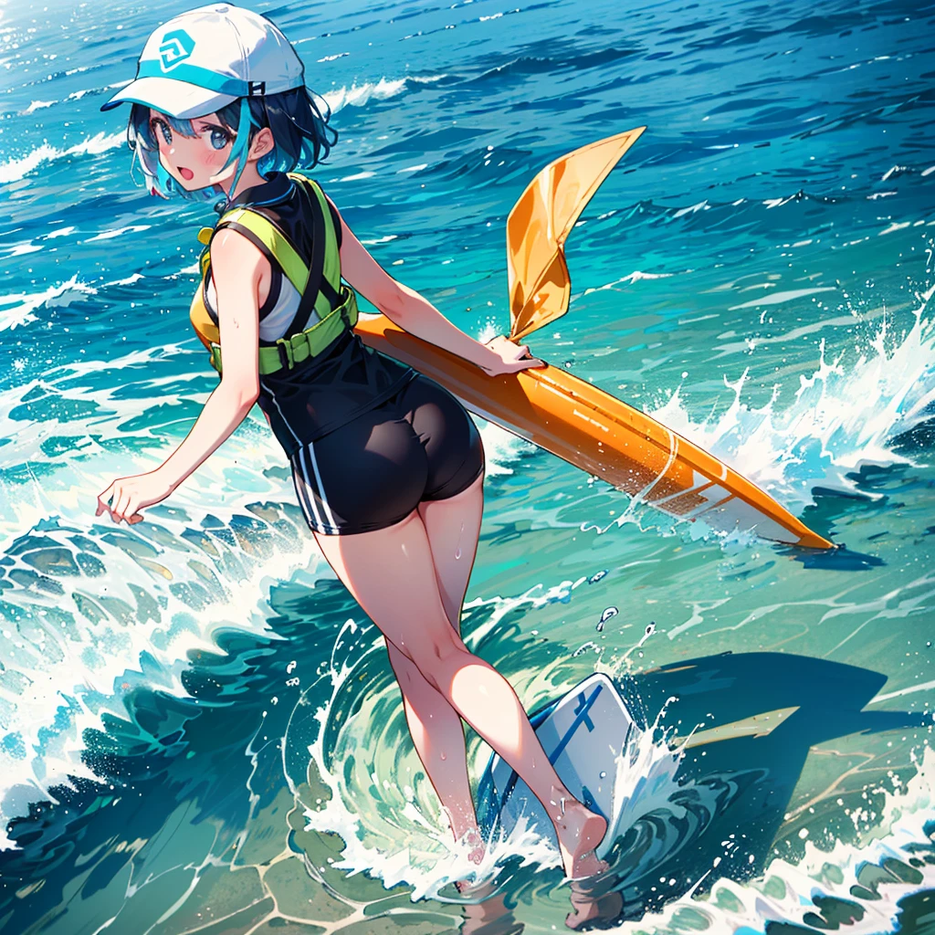 (clear line:1.1, stylish illustration:1.2, clear and beautiful:1.2),
(detailed her fingers), (detailed her hands), (detailed her arms), (detailed her legs),
((lifesaver girl)), safety vest, rash guard tops, beach, swimming cap,
sea lifeguard, pool lifeguard. beach inspector,
water splashes, day, sky, clouds,
beach side, 1girl, (solo), polo shirt, life jacket, neon colored life jacket,
surf shorts, uniform, ((short hair)), swaying ash hair, swaying longer bangs,
bare arms, bare legs, summer, running, cute face,
holding rescue tube, hanging a whistle, neck, curvy, tall,
slender face, perky, (v-shaped eyebrows:0.8), open mouth,
looking back, from behind, from above, high angle view,
hanging Walkie-talkie, fins,