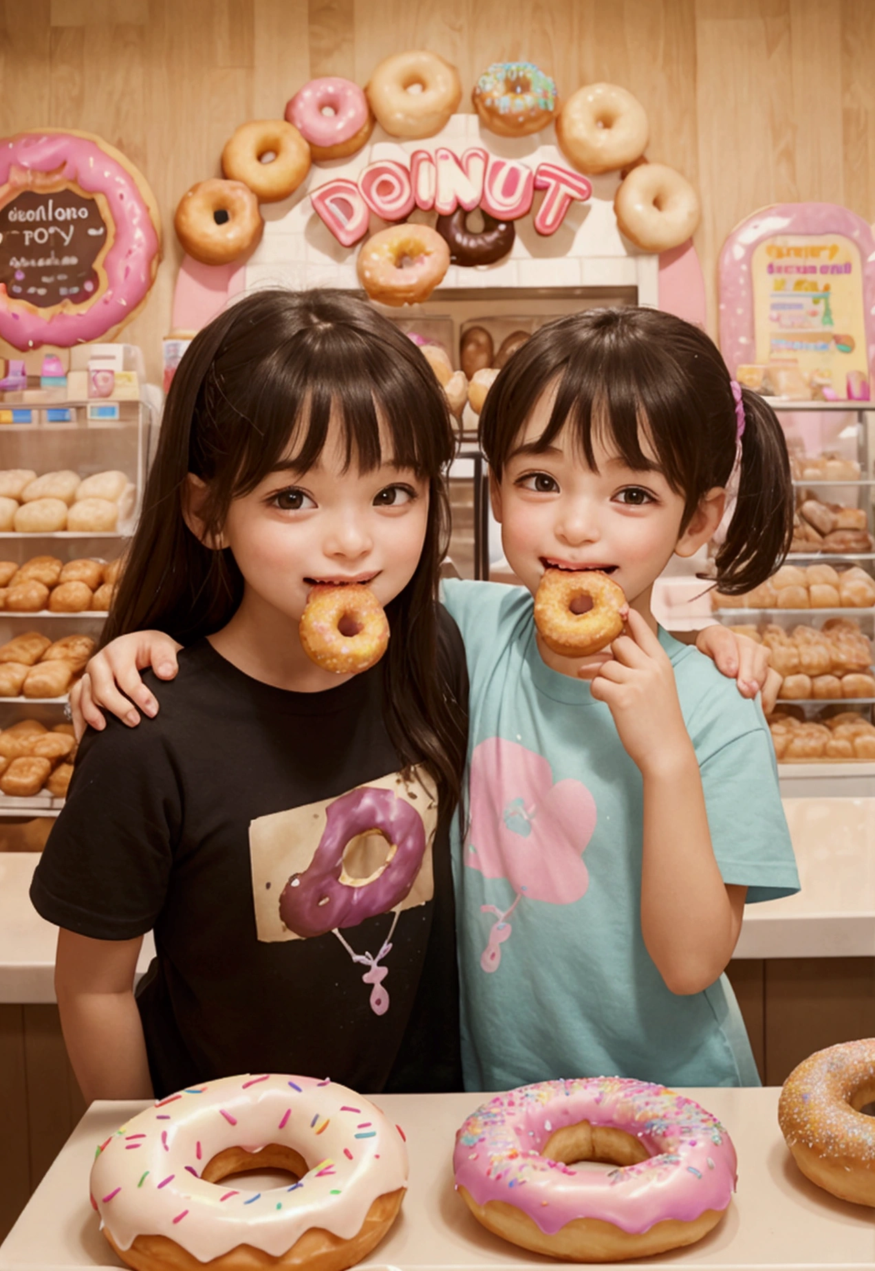 (masterpiece, Highest quality, shape, Subtle details, 8k:1.2),(Highly detailed CG Unity 8k wallpaper), (Highest quality), (Best illustrations), (((Kindergarteners:1.2))),(((Small donuts:1.2))),(((Putting a donut in his mouth:1.2))),A realistic image of an older sister and younger brother at a donut shop, both with big smiles and wide-open mouths, enjoying donuts.,A highly realistic image of an older sister and her younger brother standing side by side in a cozy donut shop. Both have wide-open mouths as they take big bites of their donuts, displaying expressions of delight and enjoyment. The sister is wearing a casual outfit with a bright smile, and the brother is dressed in a colorful shirt, his eyes wide with excitement. The background features shelves filled with various types of donuts and a welcoming atmosphere typical of a popular donut shop.,A lifelike and charming image of a teenage girl and her little brother at a bustling donut shop. They are standing close together, both with big grins and wide-open mouths as they enjoy their delicious donuts. The girl has a playful expression, and the boy looks excited and happy. The background shows a well-lit donut shop interior with a variety of donuts displayed behind the counter, creating a warm and inviting scene.,A hyper-realistic and vibrant image of an older sister and her younger brother at a donut shop. They are standing next to each other, both with wide-open mouths and joyful expressions as they take big bites of their donuts. The sister has her arm around her brother, and both are clearly enjoying their treat. The background features the colorful and inviting interior of a donut shop, with various donuts on display and a cheerful, lively atmosphere.,